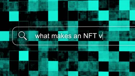 search bar typing question animation - what makes an nft valuable? nfts are valuable because they verify the authenticity of a non-fungible asset. abstract futuristic background. 4k