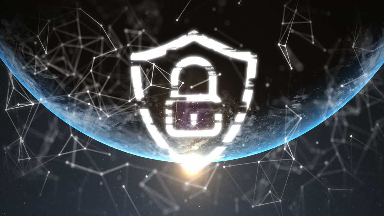 보안 락 아이콘과 연결 네트워크의 애니메이션을 빛의 점과 지구에 대비합니다.