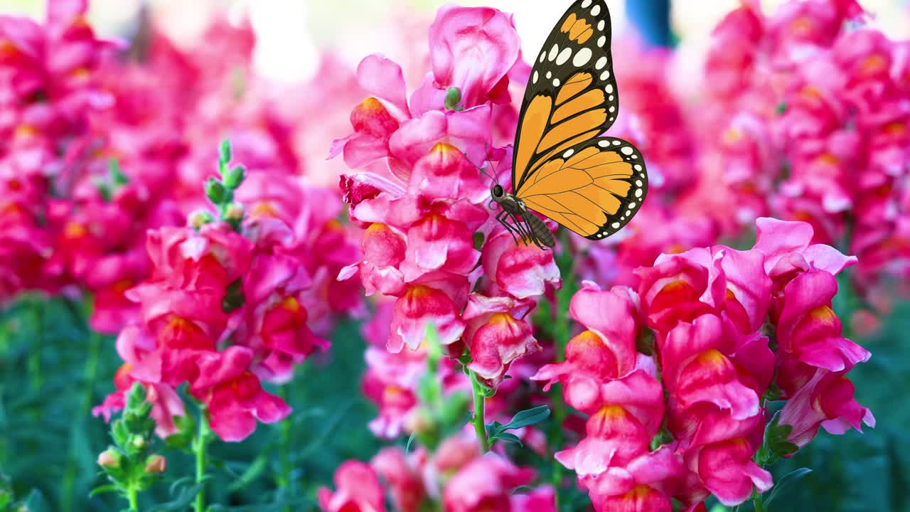 Farfalla monarca su fiori di bocca di leone rosa