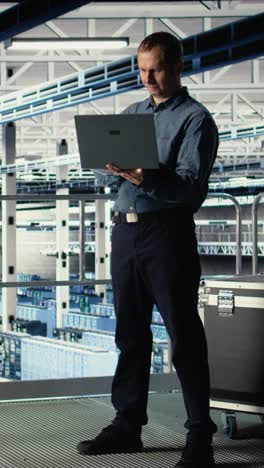 vertical video data center admin on industrial platform checks ai dashboard using laptop