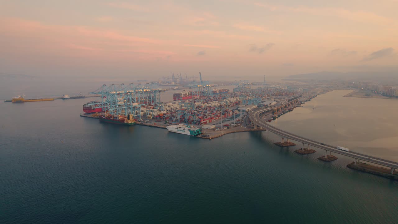 Orbit Shot Of Algeciras Spain Shipping Harbour Port Industrial Transportation Cargo