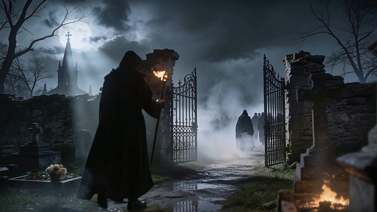 Procession encapuchonnée marchant vers un portail ouvert dans un cimetière la nuit, un porteur de torche levant sa torche.