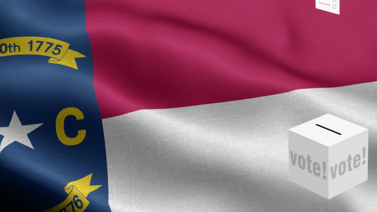 노스 캐롤라이나 주 - 투표용지가 노스 캐롤라이나 선택을 위해 상자에 날아갑니다 - 발 앞에 있는 투표용지 - 선거 - 투표 - 국가 발 노스 캐롤라이나주 파동 패턴 루프 가능한 요소 - 직물 질감과 끝없는 루프