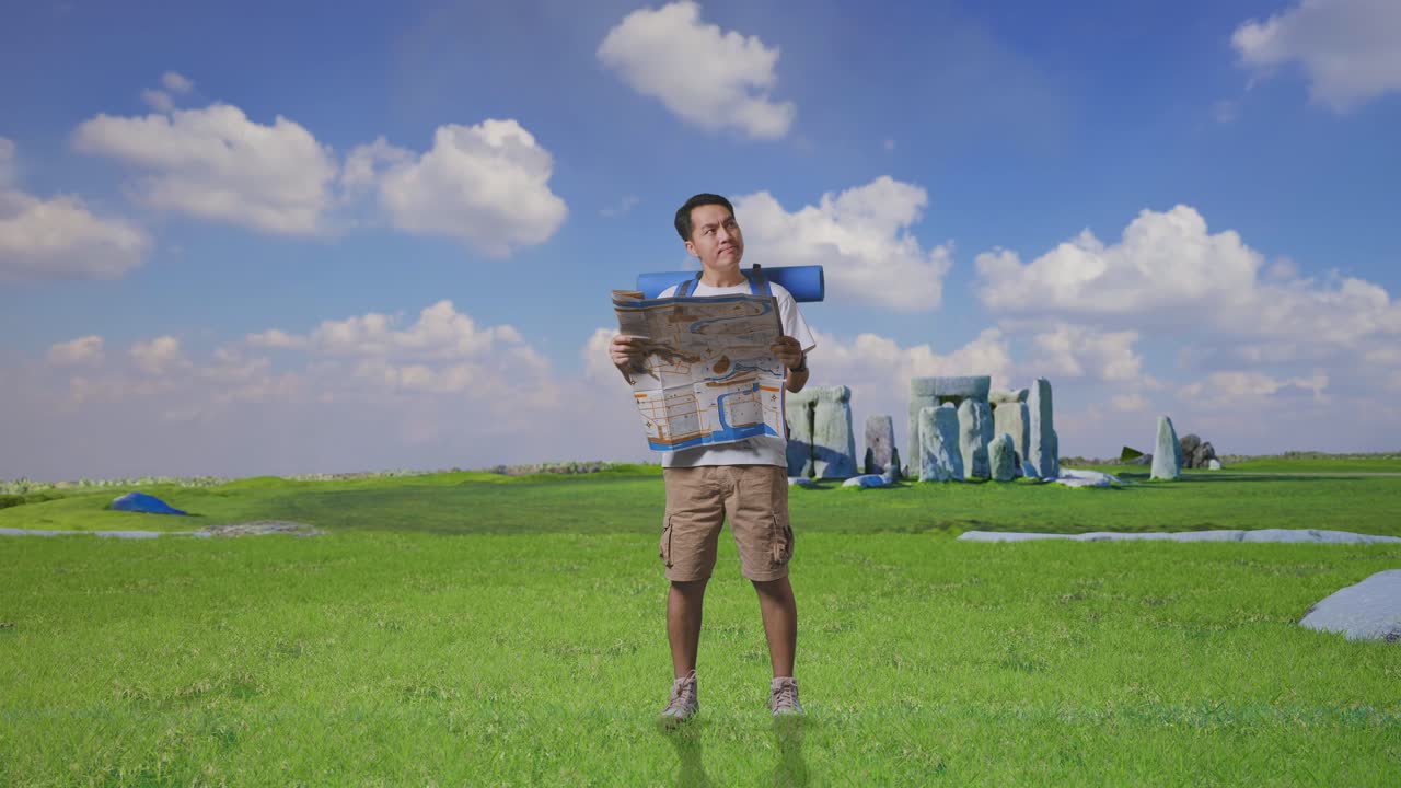 Man reading a map in a field near Stonehenge