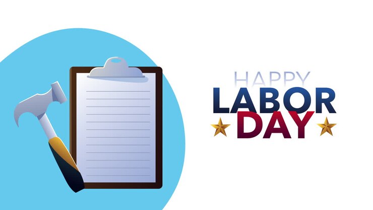 labor day lettering with checklist and hammer