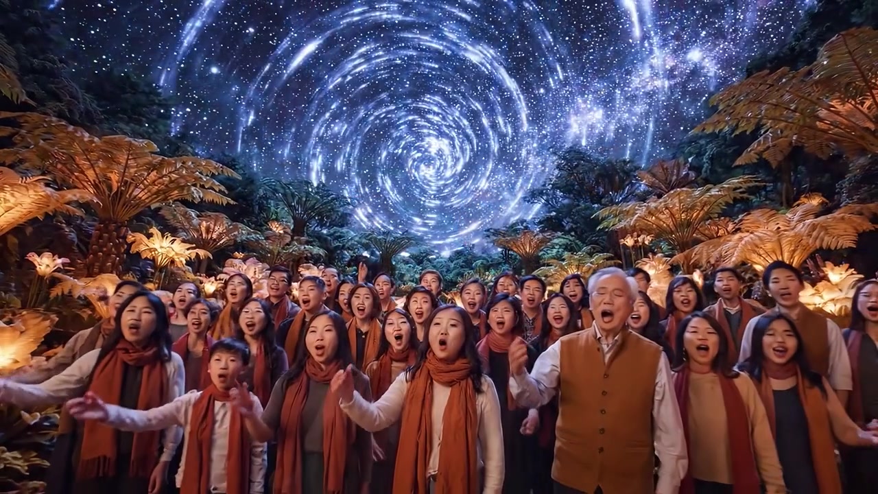 A Harmonious Choir Enveloped by a Whimsical Galaxy and Ethereal Flora, Celebrating Unity, Joy, and the Beauty of Nature in a Magical Setting