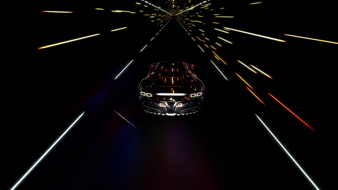 3D Speeding Sports Car On Neon. Powerful Acceleration Of A Supercar On A Night Track With Colorful Lights And Trails. 3D Animation