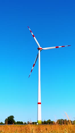 single wind turbine rotating in the field. low angle view at one wind mill producing renewable energy. vertical video