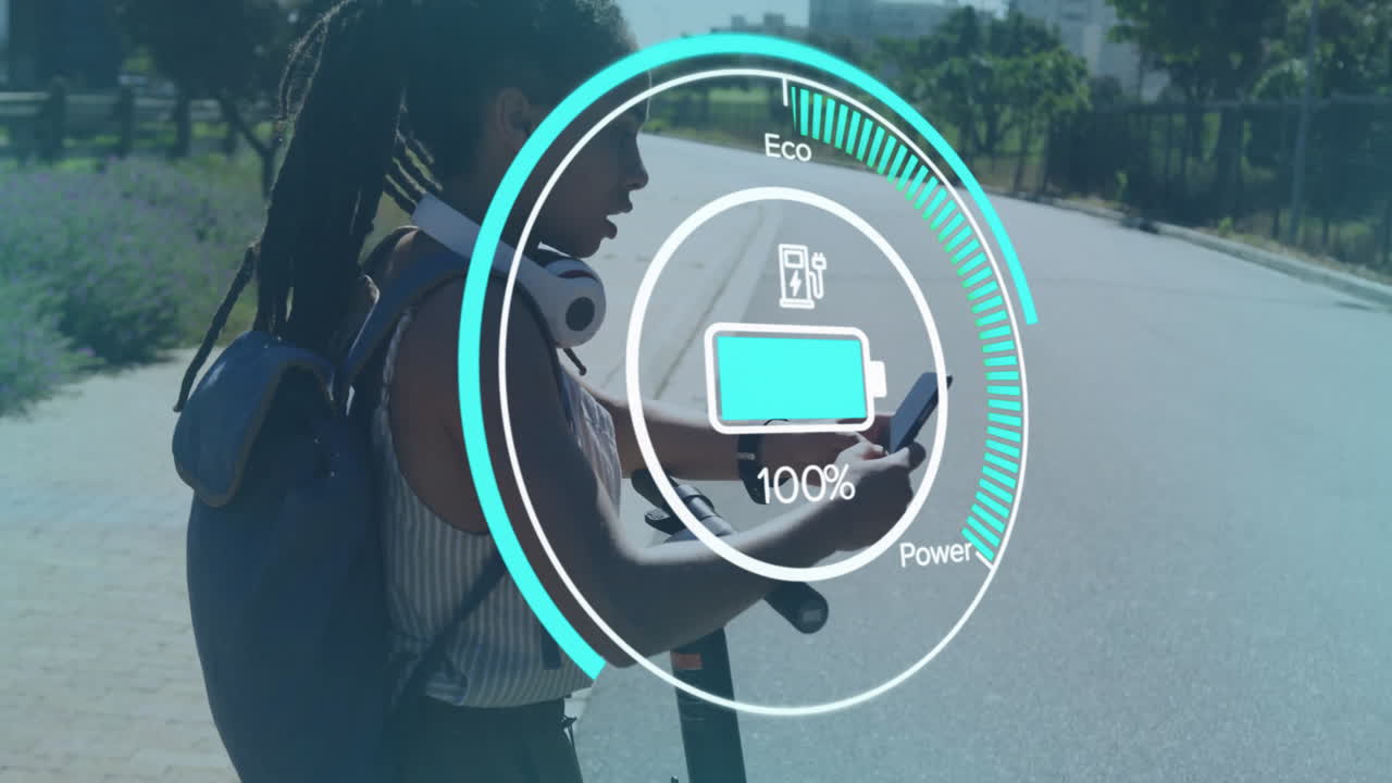 Riding electric scooter, person viewing battery level animation overlay on screen