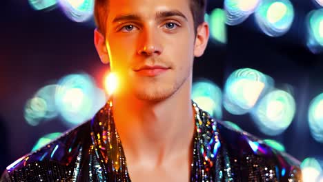 handsome young man in a sparkly jacket posing for a portrait in a nightclub