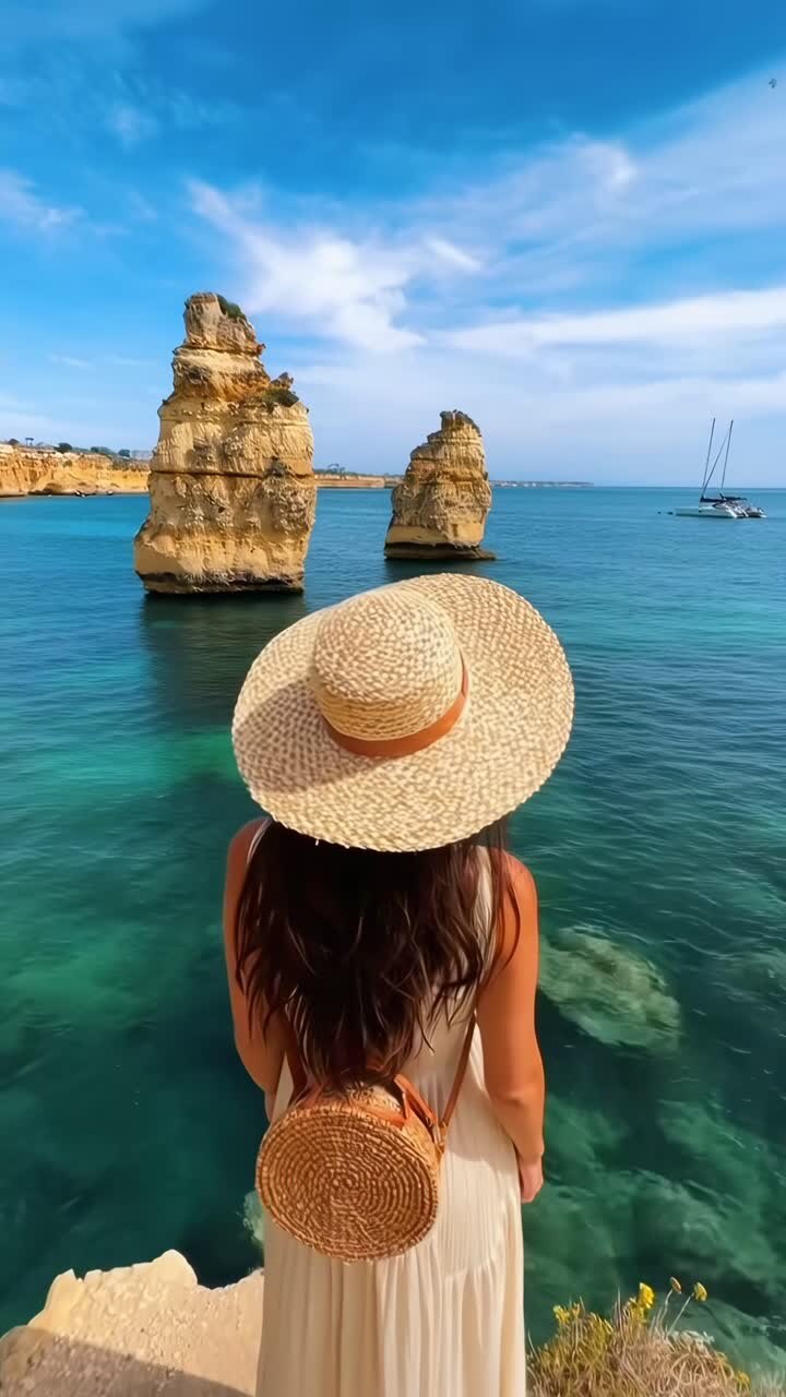 Vista aérea en video de una mujer con sombrero junto al mar, capturando la serena belleza costera.