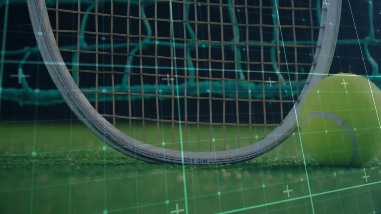 Flat design tennis racket head and ball being shown on green court under digital grid overlay