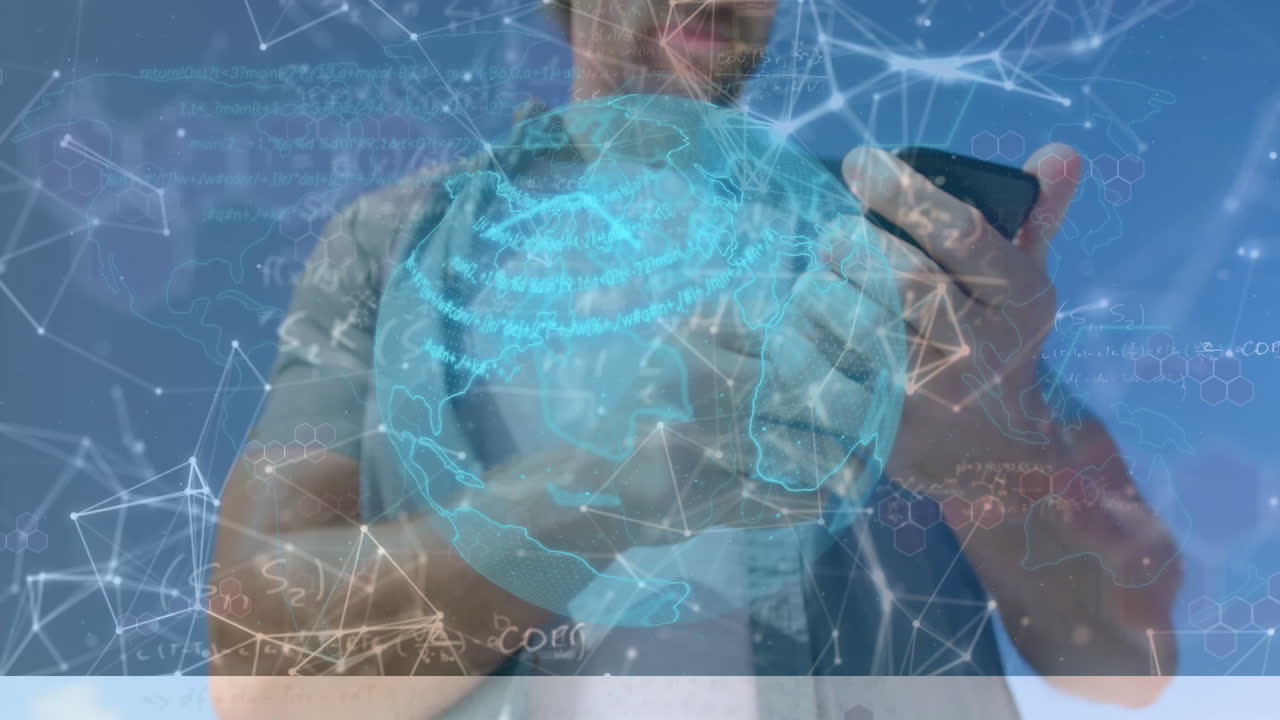 animación de la red de conexiones con el globo sobre el hombre caucásico usando teléfono inteligente