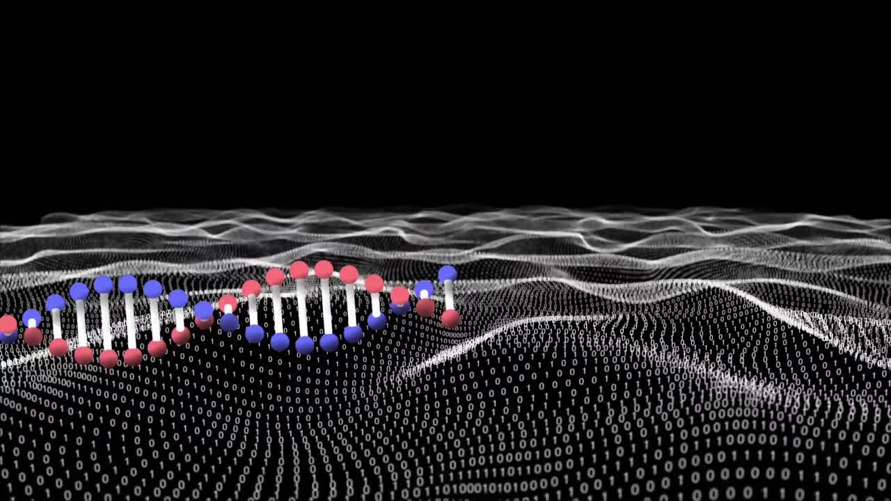 검은색 배경에서 파동하는 데이터 위로 움직이는 dna 사슬의 애니메이션