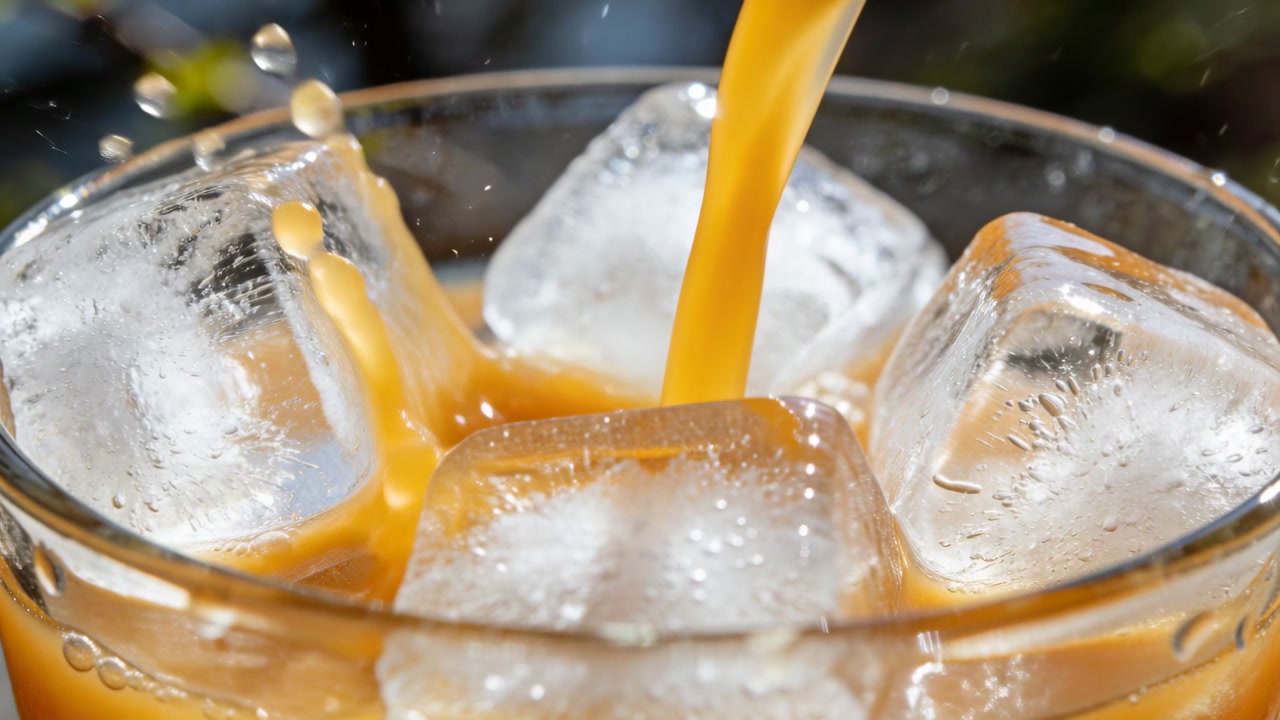 Tilting offframe jug pouring amber liquid into clear glass on counter, ice cubes causing splashes