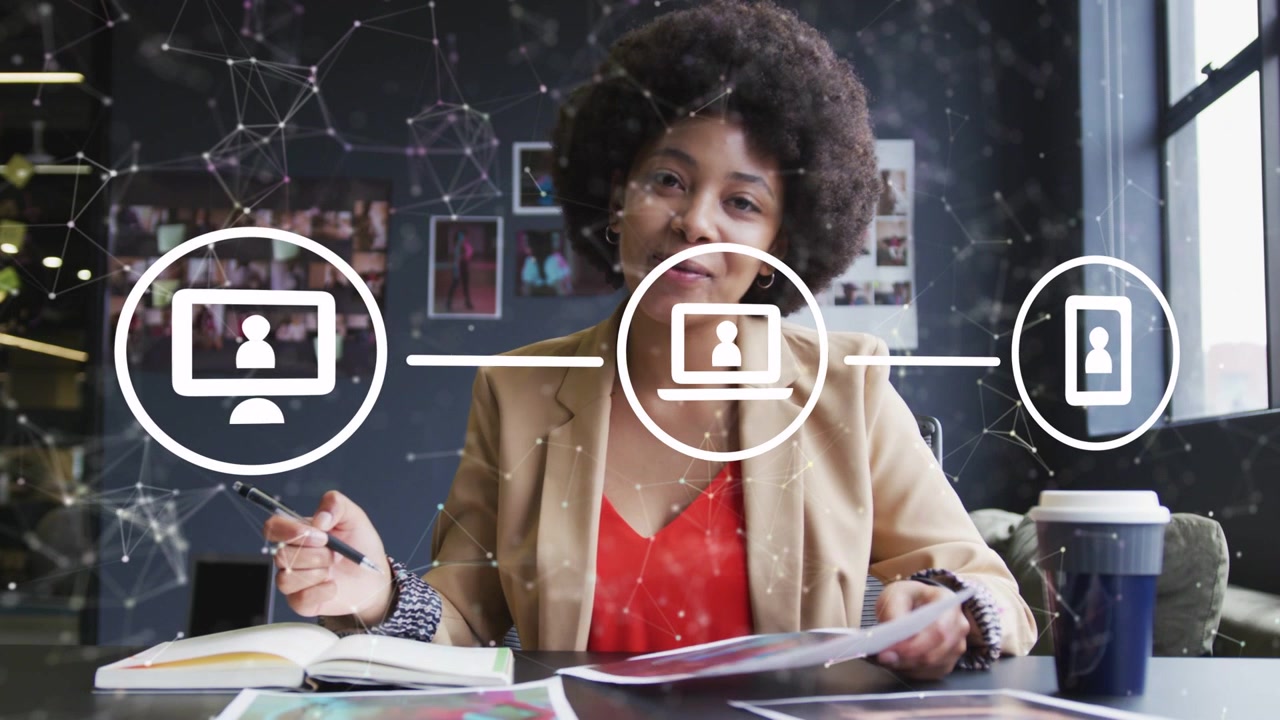 Woman flipping papers, scanning, starting animated three-node net, noting to coordinate tech team
