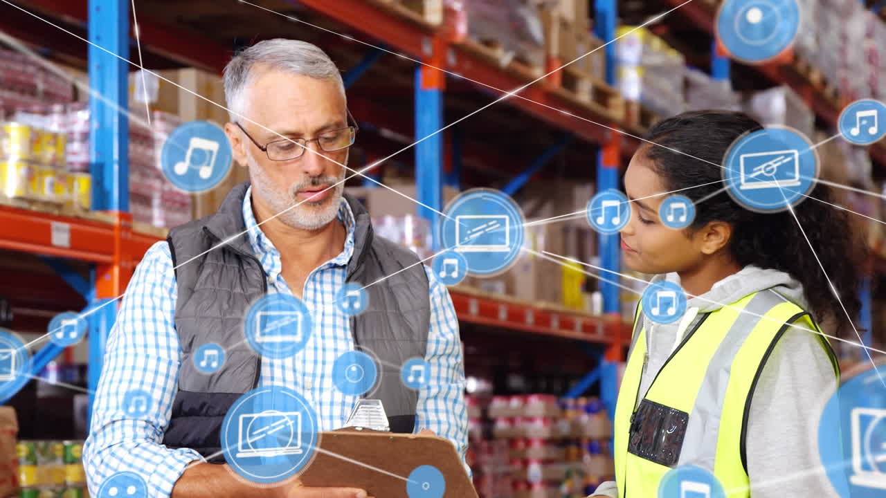 Animation of network of connections with people icons over diverse people working in warehouse
