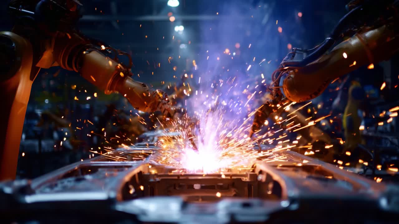 Automated Welding Process Featuring Robotic Arms in a Manufacturing Plant, Creating Sparks and Smoke During Metal Fabrication with High Precision Technology
