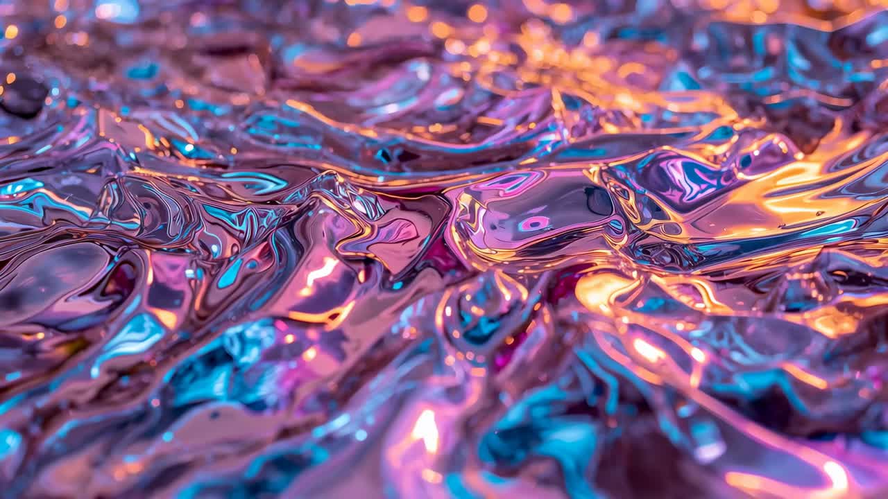 Superficie liquida metallizzata in movimento sotto luci magenta ciano ambrate che cambiano in studio