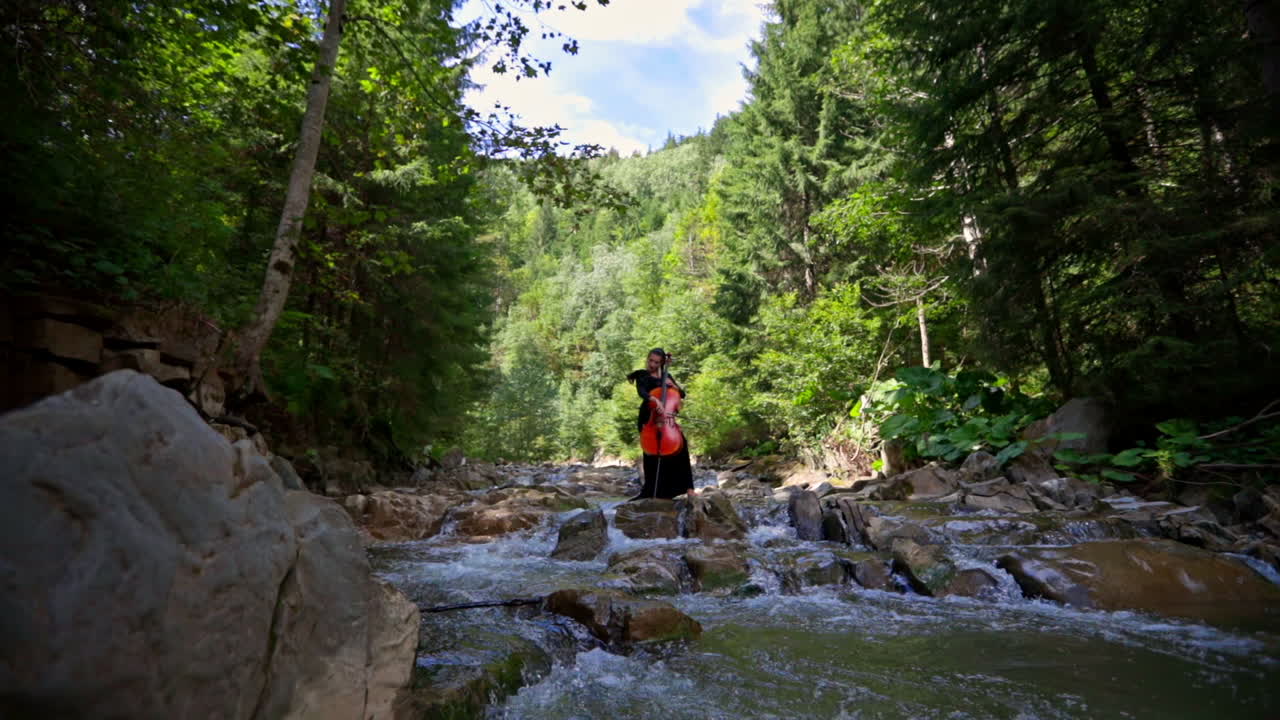 Female musician plays music in nature. Young woman is playing the cello in the open air. Cellist with musical instrument among mountain river.