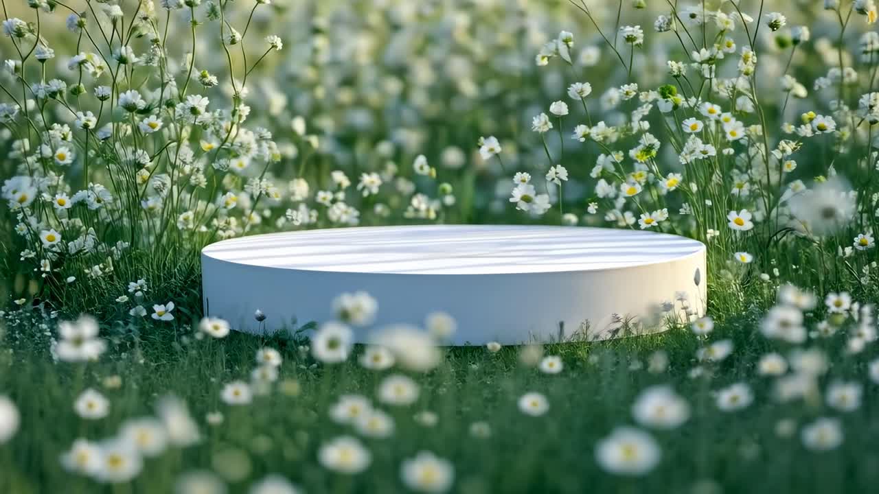 Low-angle video of a white circular platform amidst a field of blooming white flowers