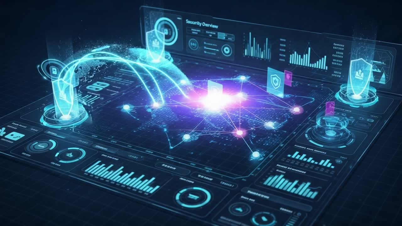 Advanced Cybersecurity Monitoring Dashboard Displaying Network Interconnectivity and Data Protection Strategies in a Futuristic Digital Environment
