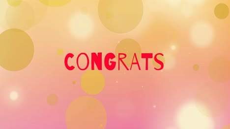 animation of floating golden dots and congrats on orange and red background