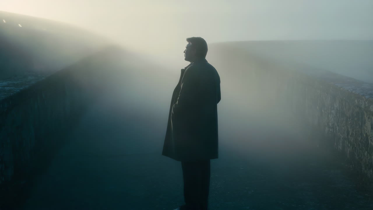 Man in Coat Standing in Fog
