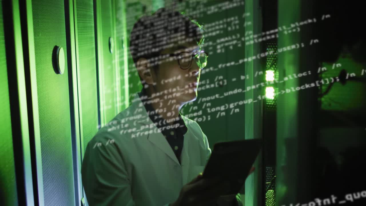 Animation of data processing over asian man checking servers