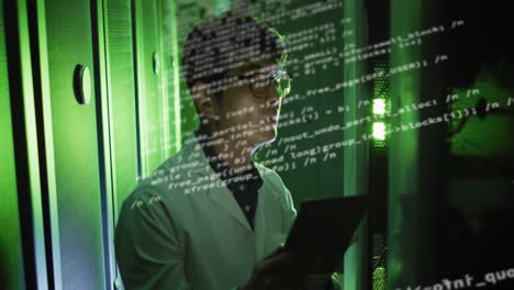 animation of data processing over asian man checking servers