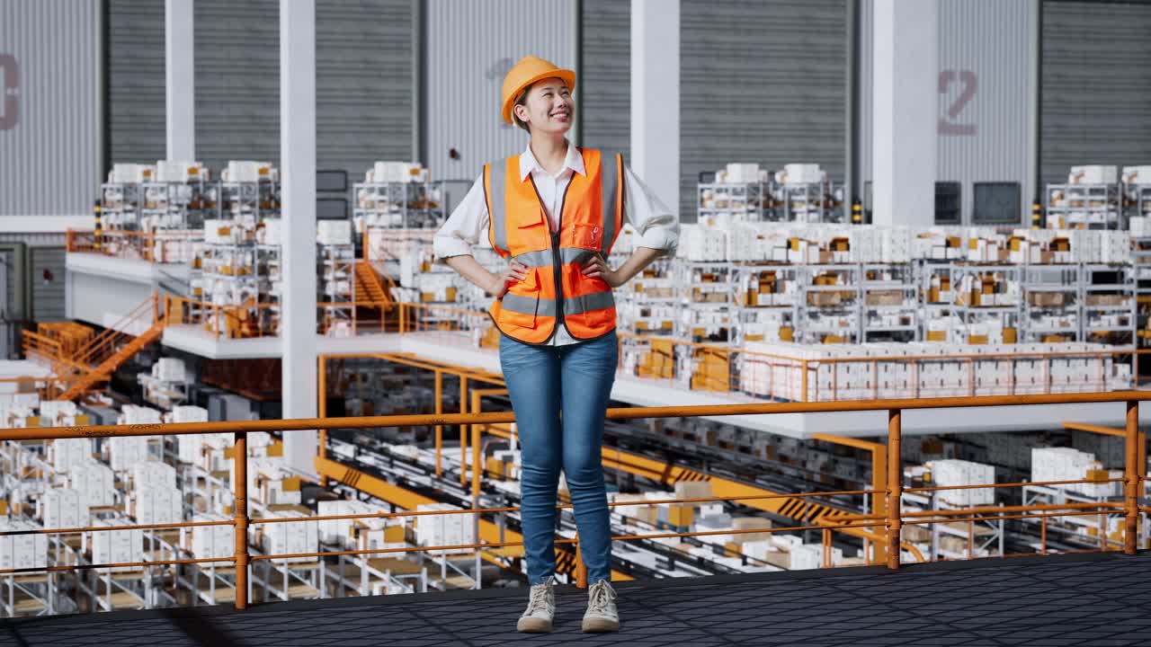 cuerpo lleno de ingeniera asiática con casco de seguridad en el almacén con estantes llenos de mercancías de entrega. de pie con los brazos akimbo mirando a su alrededor, comprobando el stock en los estantes