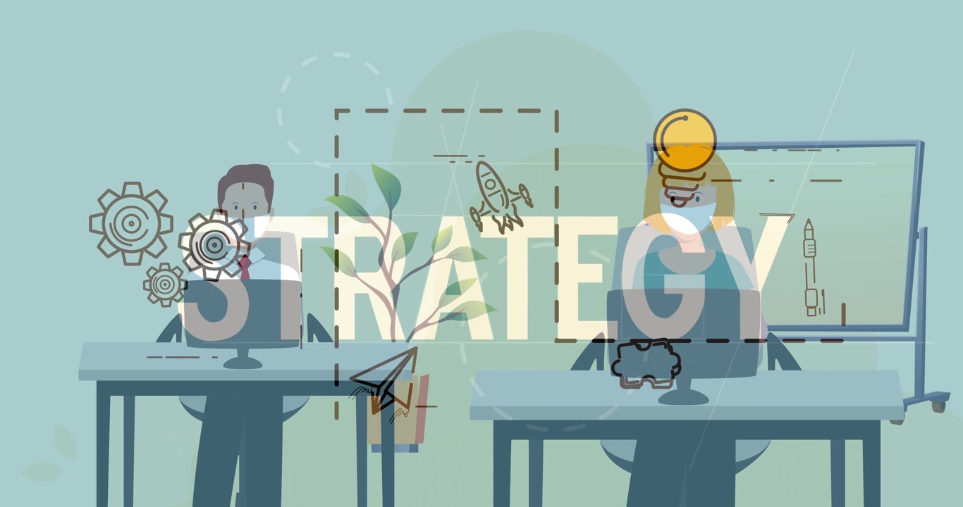 Vertical video: Two staff working STRATEGY forming animating rocket gears near heads for strategy