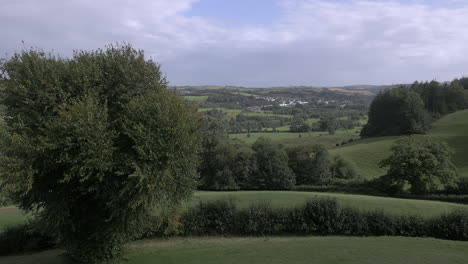 Friedlicher,-Ruhiger-Blick-Auf-Einen-Baum,-Der-Sich-Sanft-Im-Wind-Wiegt,-Mit-Sanften-Hügeln-Im-Hintergrund,-Zeitlupe