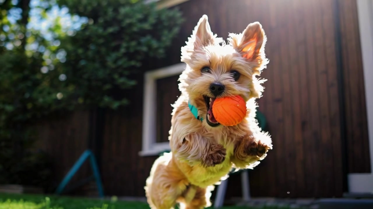 Cachorro feliz corriendo y saltando con una pelota naranja en el patio trasero