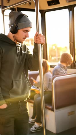 young man commuting by tram