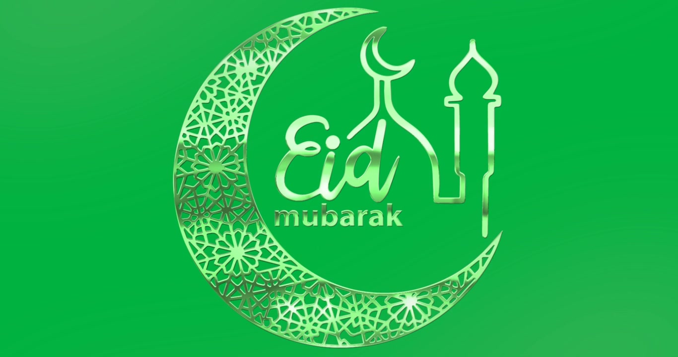 Animazione del testo 'Eid Mubarak' con luna crescente e moschea in verde su sfondo nero