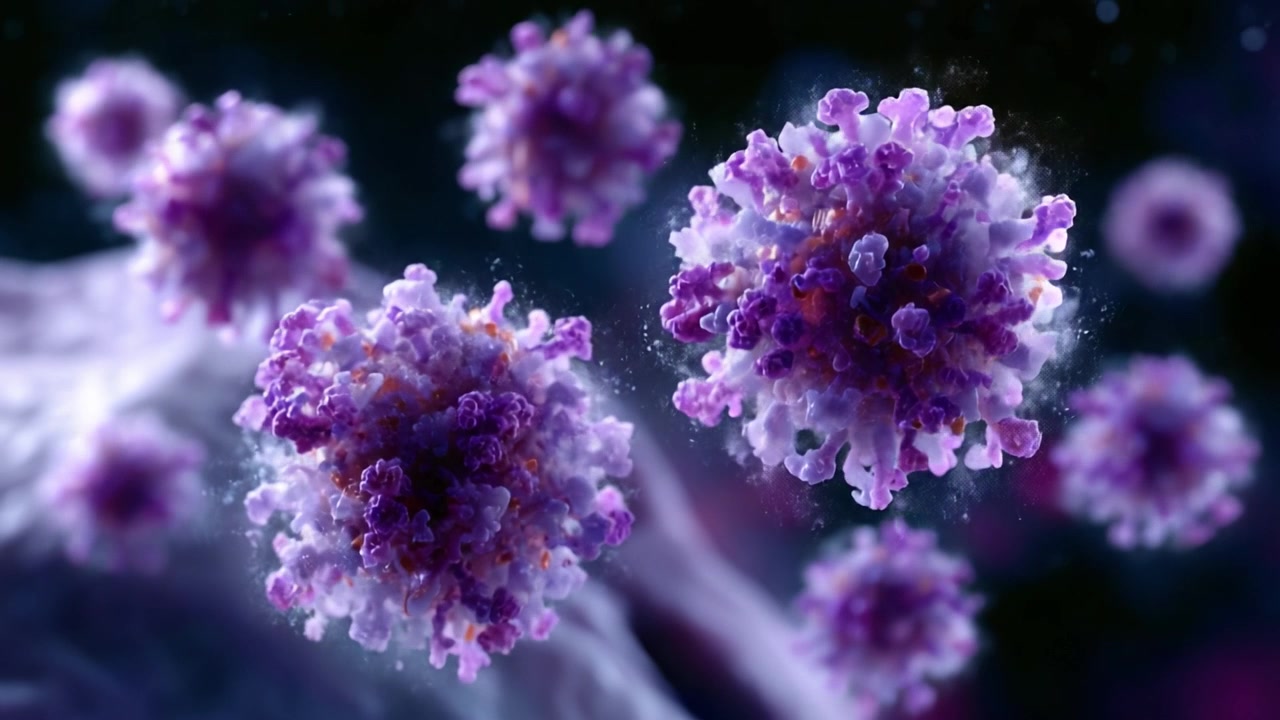 An intricate view of spherical viral structures showcasing their complex morphology, vibrant colors, and the intricate details of their external features in a microscopic environment.