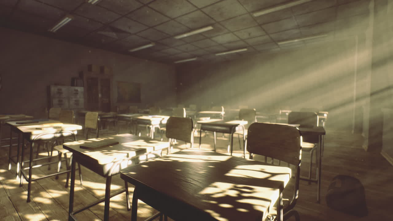 Sunlight streaming through an empty classroom with scattered desks and chairs
