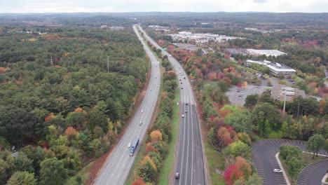 Drone-footage-over-Donald-Lynch-Boulevard-in-Marlboro,-Massachusetts