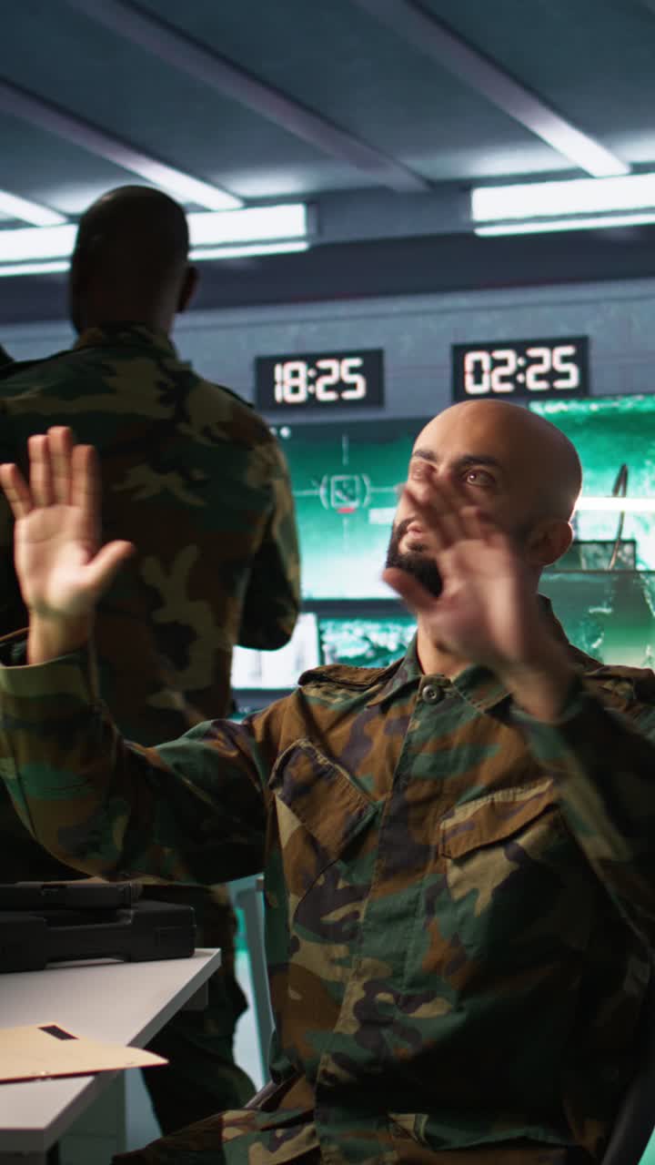 Vertical video Military agent using augmented reality tech in control room