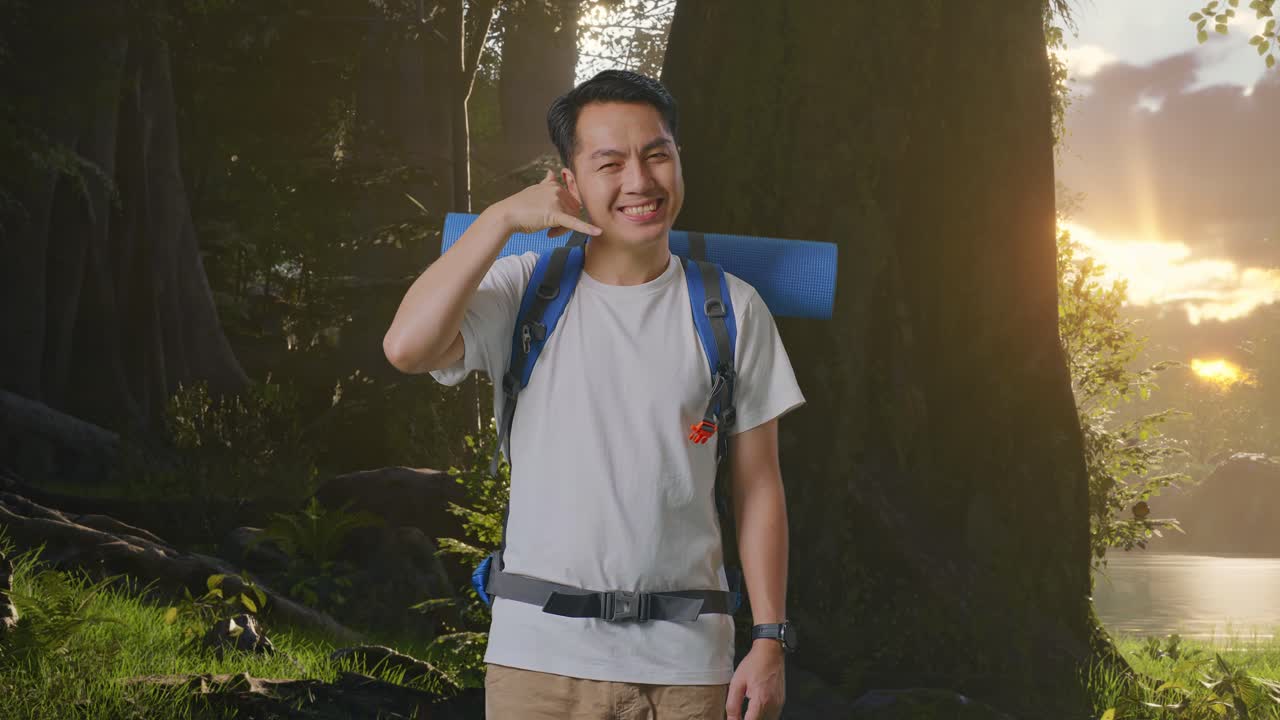 웃는 관광객이 숲에서 몸짓을 하고 있습니다.