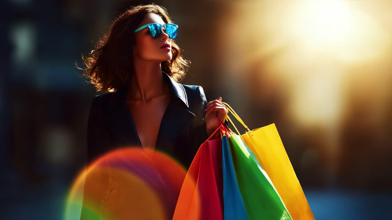 A stylish woman with sunglasses confidently carries colorful shopping bags, illuminated by warm sunlight, showcasing a vibrant urban fashion and lifestyle moment