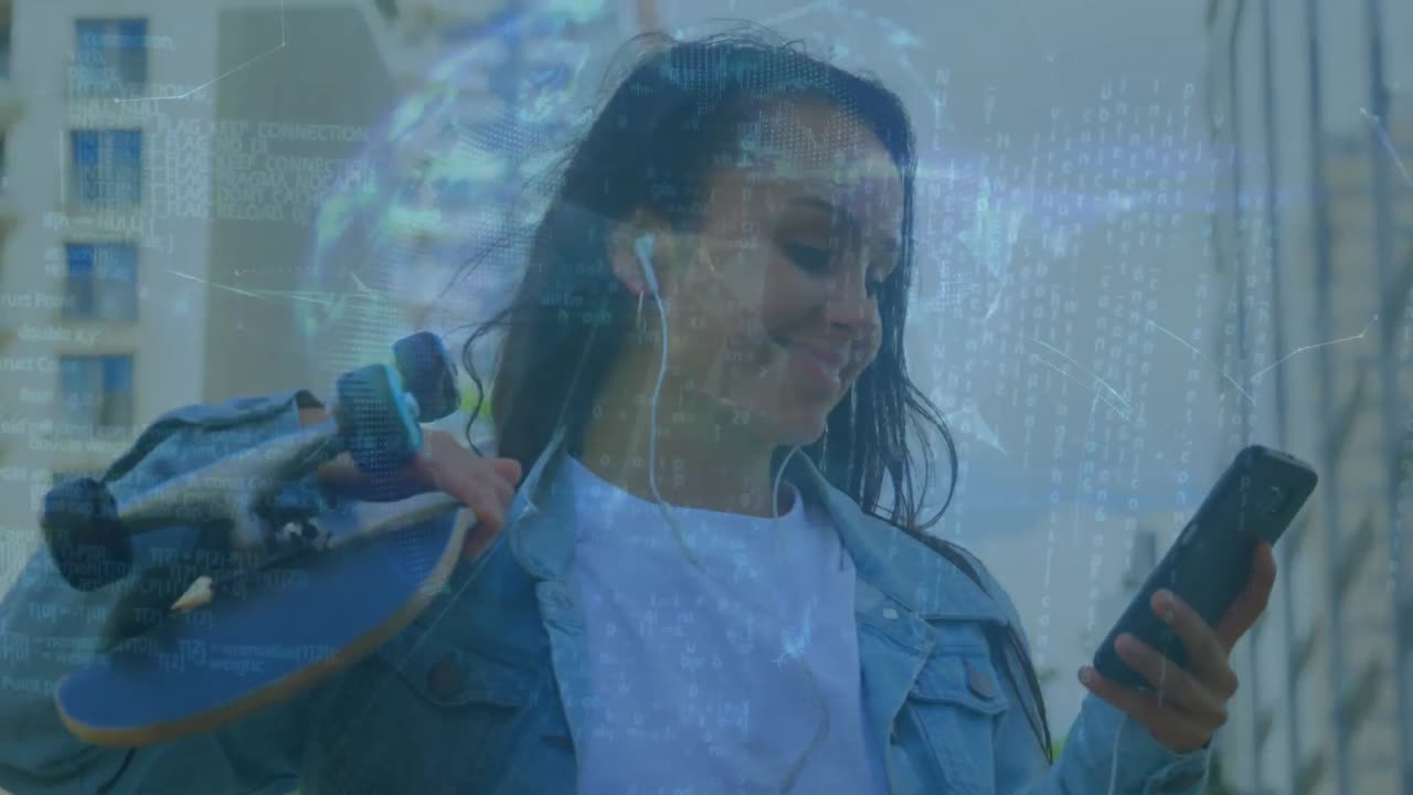 animación del procesamiento de datos sobre mujeres biraciales que usan teléfonos inteligentes