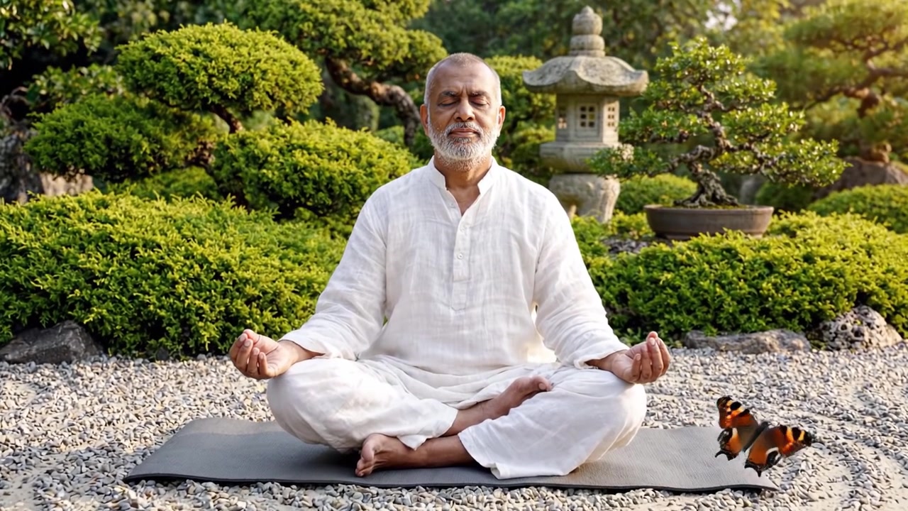 Un Momento Tranquillo di Meditazione in un Giardino Sereno, Catturando Pace Interiore e Consapevolezza nell'Abbraccio e nell'Armonia della Natura.