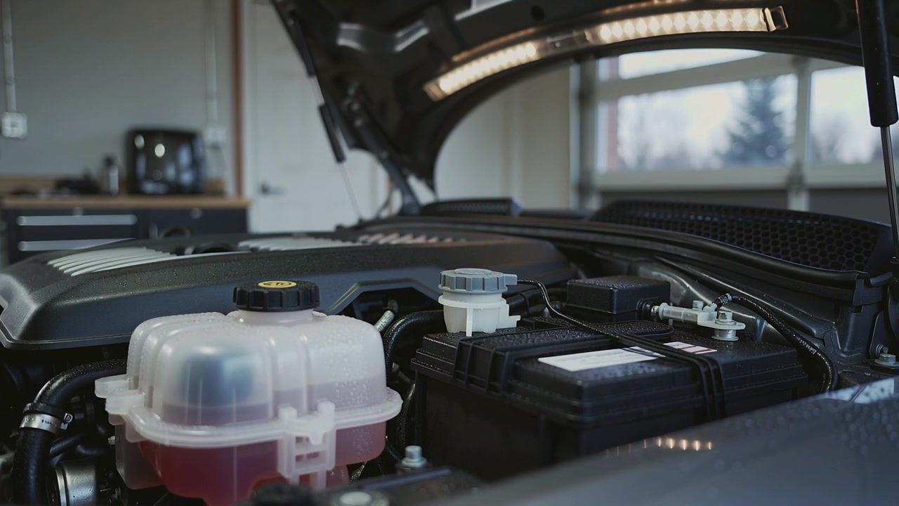 Pulling back lens showing engine bay in garage showing coolant tank battery engine cover hood strut