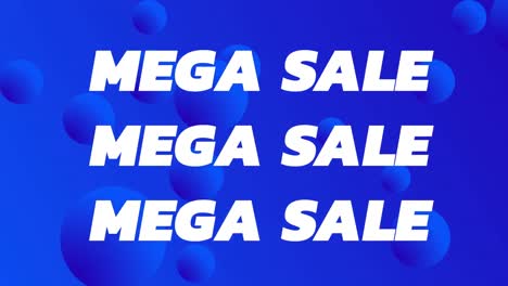 animación de mega venta en blanco y texto a color sobre esferas azules y puntos blancos en azul