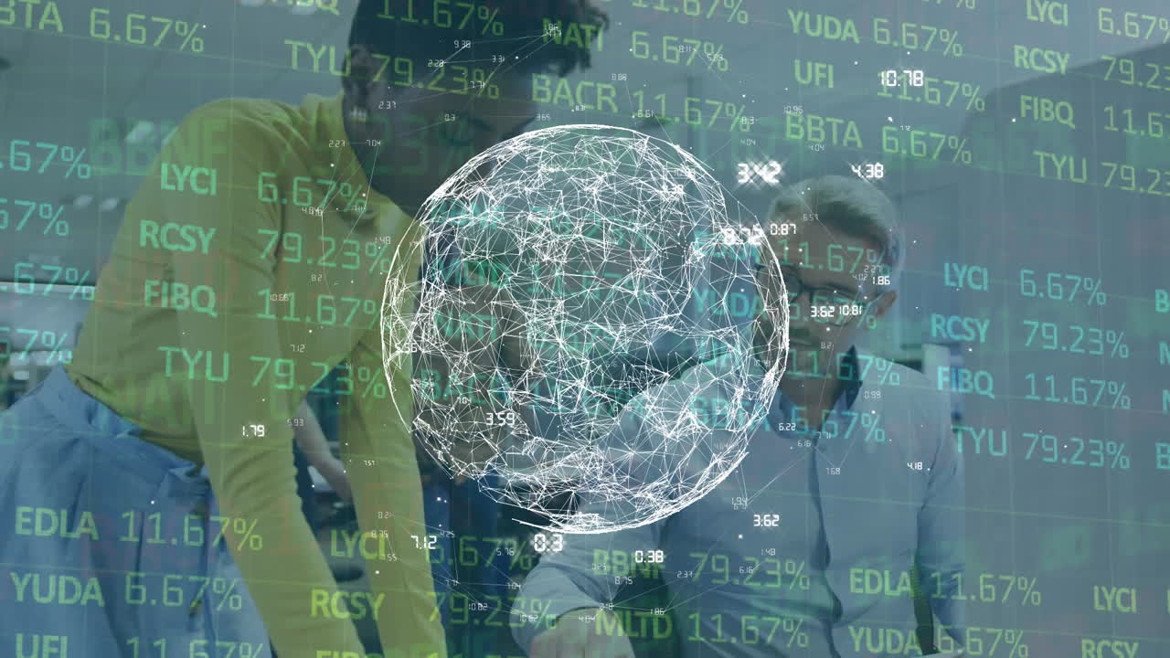 animación del globo de la red de conexiones sobre los datos del mercado de valores