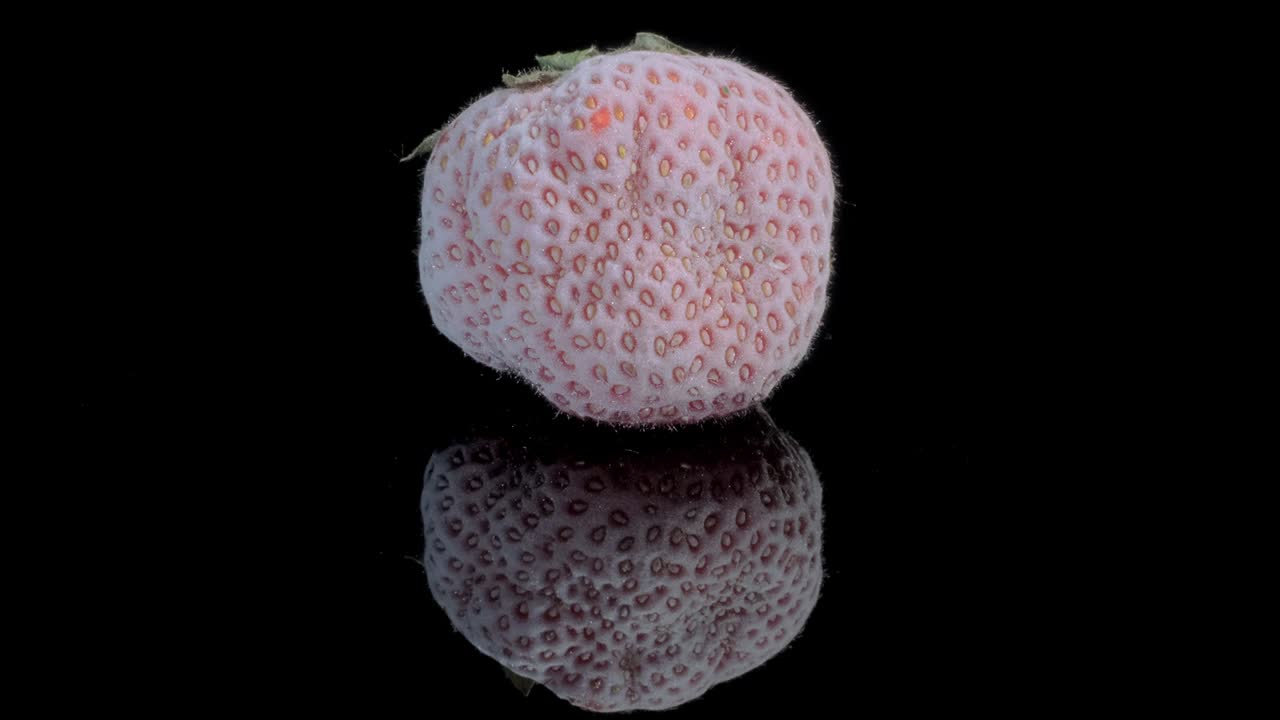 검은색 유리판에 냉동 된 딸기, 검은색 배경, 360도 회전, 클로즈업