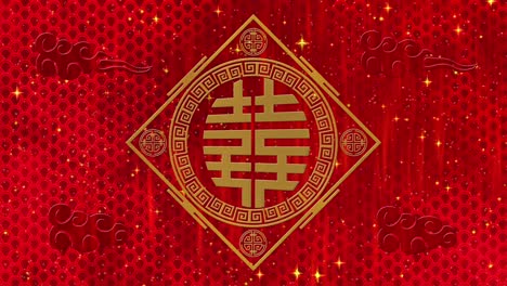 lunar new year, spring festival background with double happiness, simbol, clouds, glittering stars. chinese new year red paper backdrop for event. 3d rendering animation. seamless loop 4k video