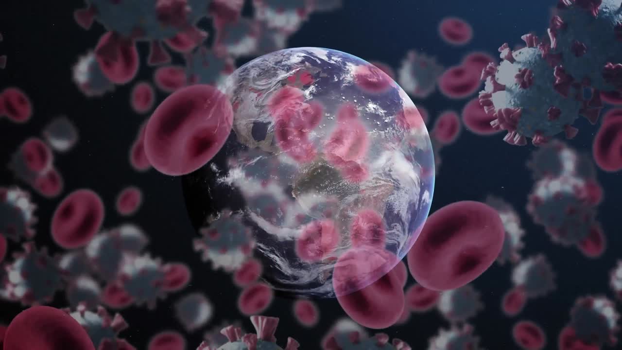 múltiples células de covid-19 y vasos sanguíneos flotando contra el globo giratorio en fondo azul